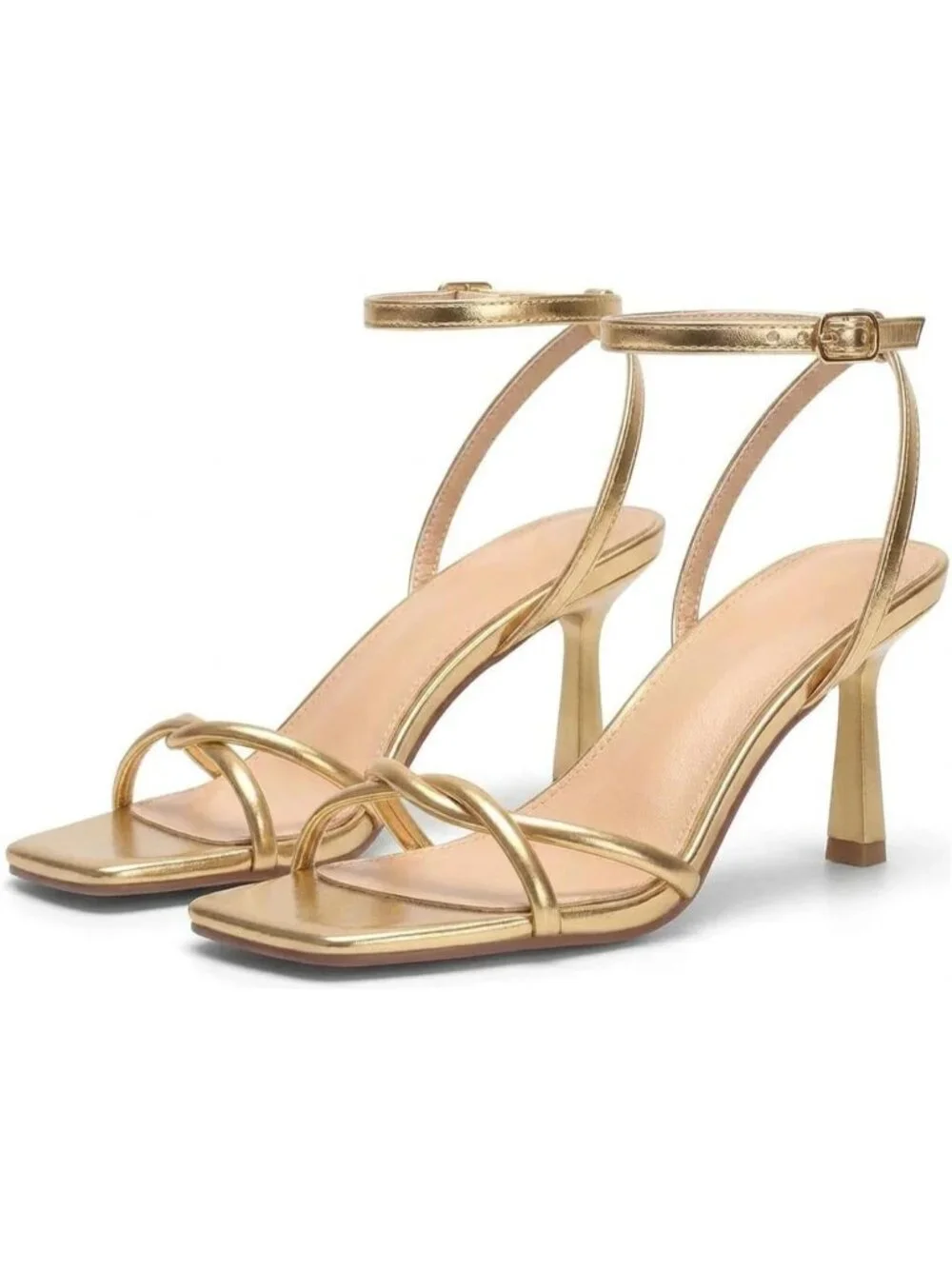 Women's Golden Elegant Square Open Toe Strappy Comfortable Kitten Heels Sandals